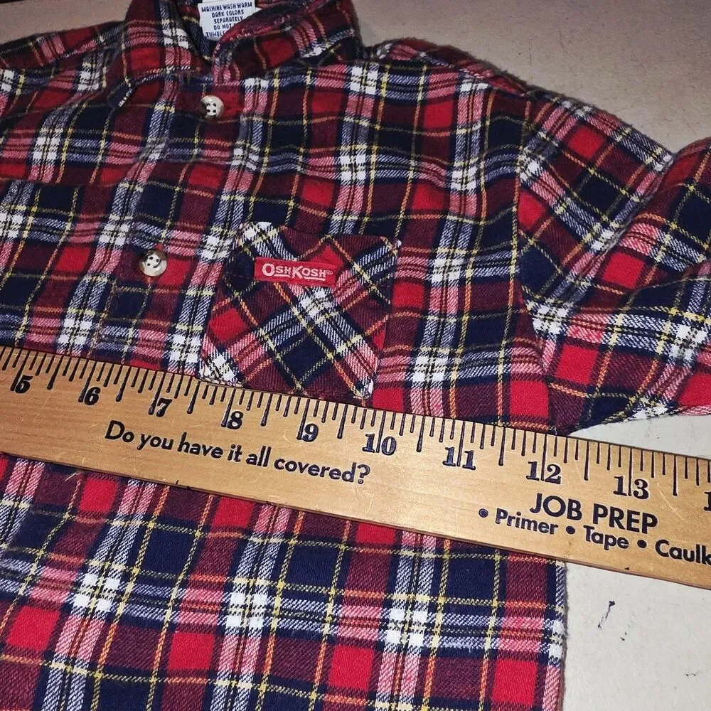 OSHKOSH B’GOSH Sz 18m USA Vintage 2015 Logo Denim Overalls & Red Flannel Shirt